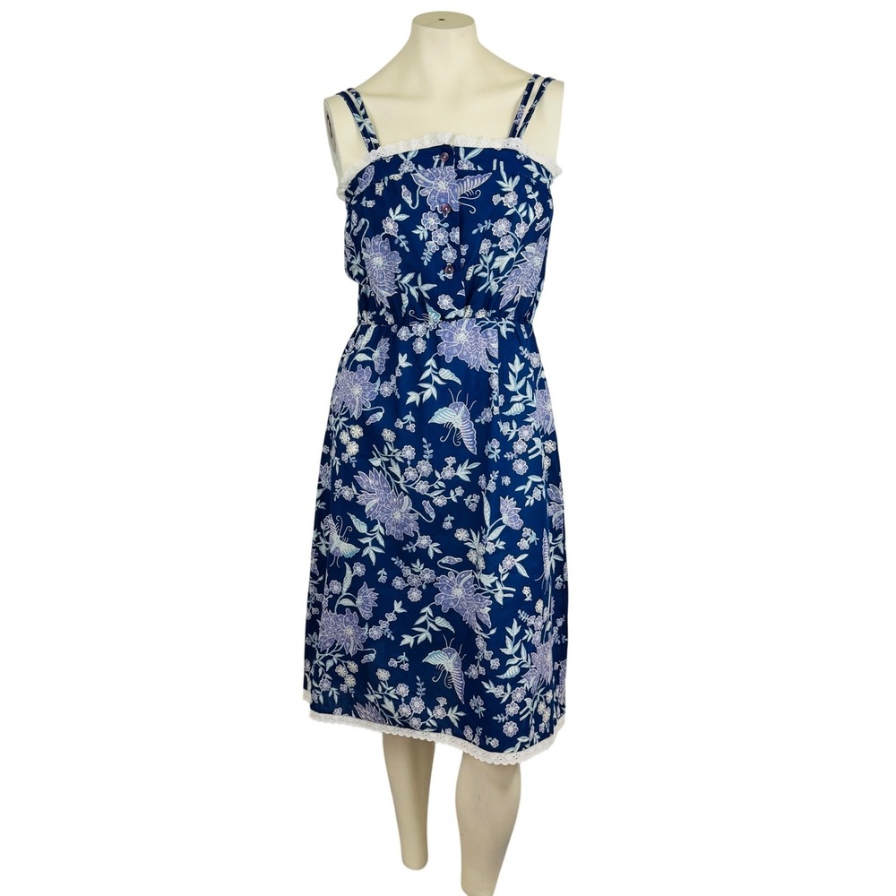 Vintage 80s Blue Floral Cottagecore Prairie Midi Sundress Medium Made in USA